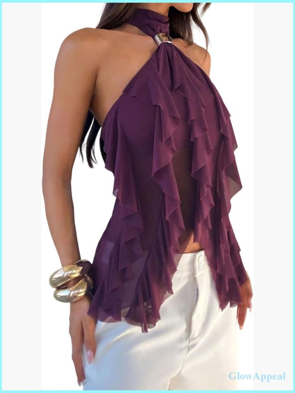 Women High Neck Ruffle Halter Top Sleeveless Mock Neck Metal Buckle Camisole